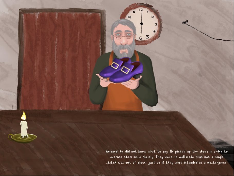 A man with a beard holds purple shoes in a dimly lit workshop with a candle.