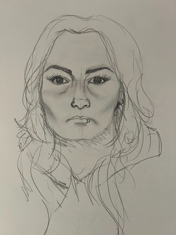 Sketch of a woman with wavy hair, serious expression, and detailed facial features.