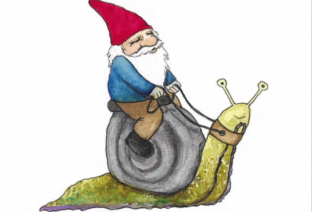 picture book illustration of a gnome riding a snail