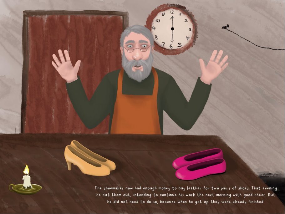 An elderly man gestures joyfully, surrounded by a yellow shoe, a pink shoe, and a candle.