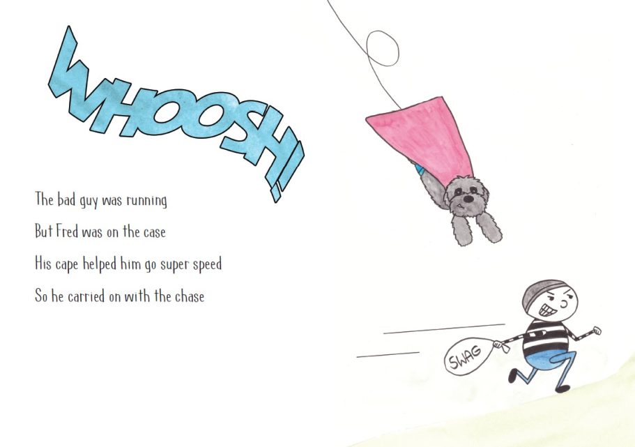 A robber runs, holding a swag bag while a dog flies in a red cape, whooshing through the air.