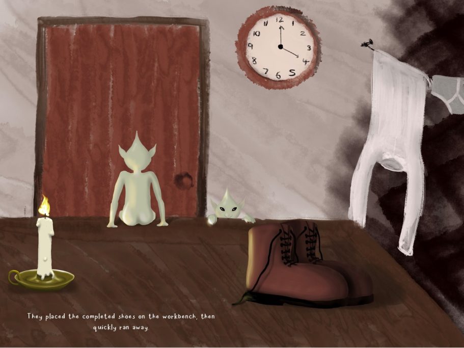 A peculiar creature sits in a dimly lit room with a candle, clock, and oversized boot.