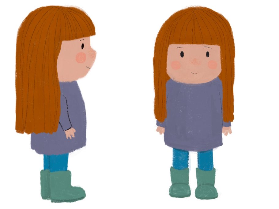 little girl picture book illustration, side view and forward view