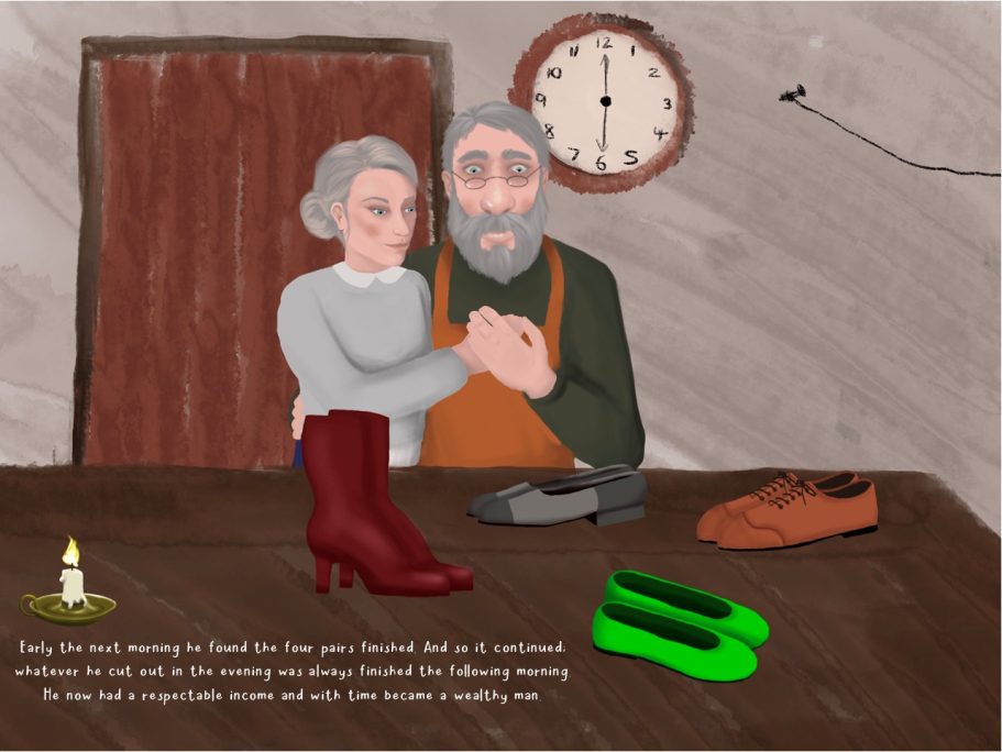 An elderly couple sharing a moment by a table with shoes and a candle.