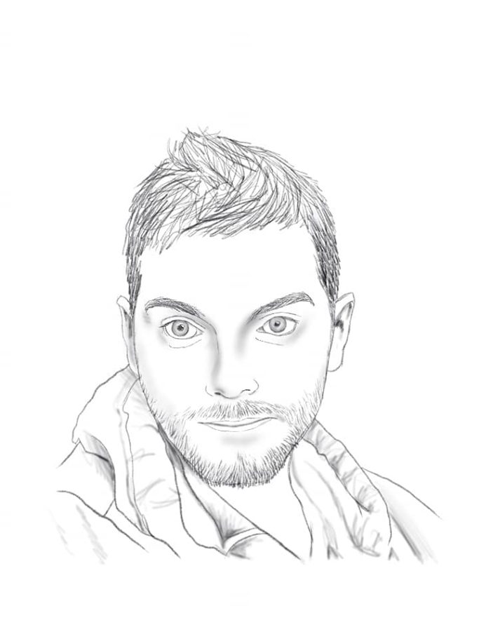 Sketch of a young man with short hair and a beard, wearing a hoodie.