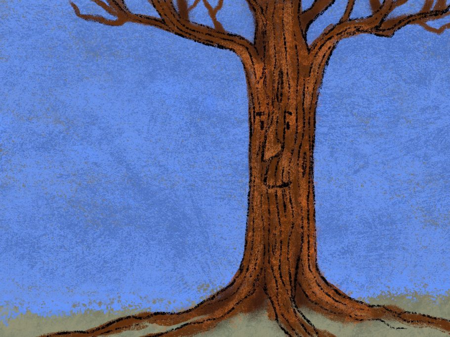 A textured, stylised tree with a blue background and a face carved into the trunk.