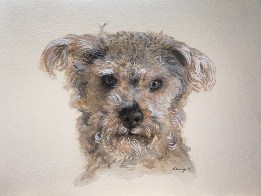 A realistic drawing of a small, scruffy dog with expressive dark eyes.