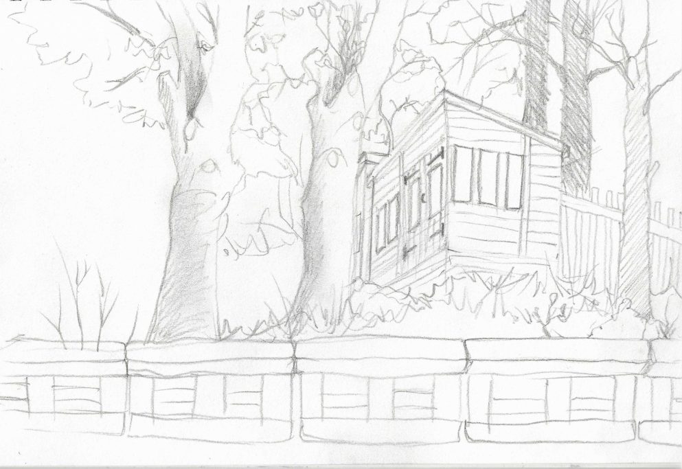 A sketch of a house nestled among large trees, with a wooden fence in the foreground.