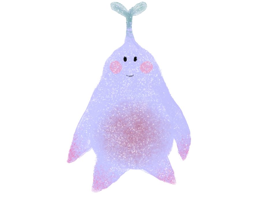 A cute, pastel purple creature with a smiling face and a small green sprout on top.