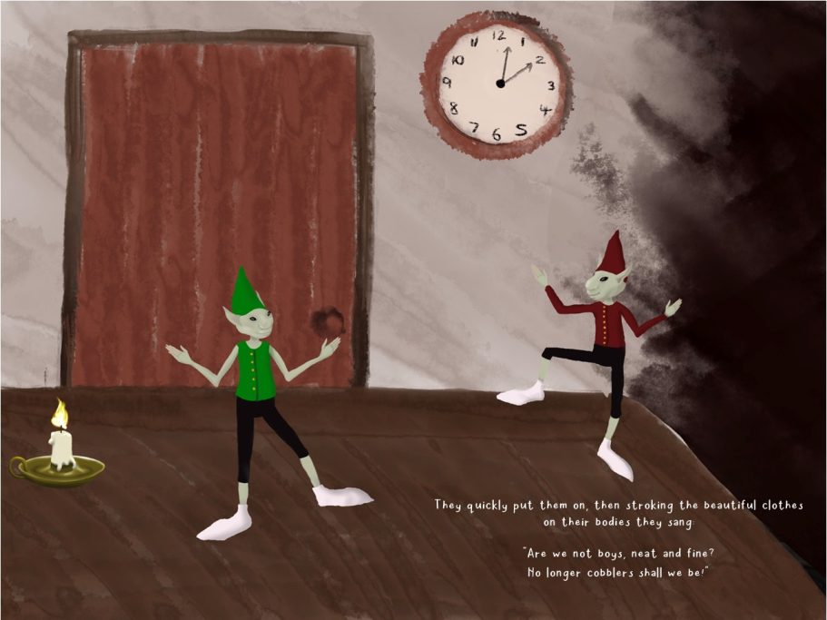 Two cartoonish characters in a dimly lit room, one holding a candle, with a clock on the wall.