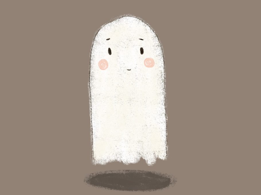 Cute cartoon ghost with round eyes and blushy cheeks on a brown background.