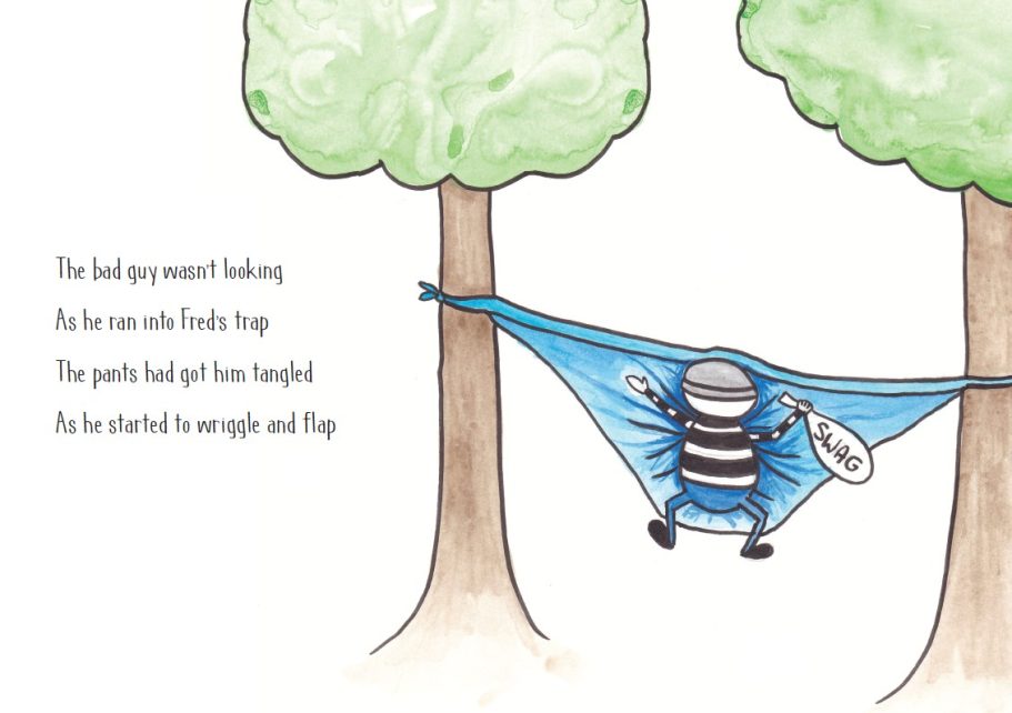 the robber is caught in the giant blue underpants in between two trees 