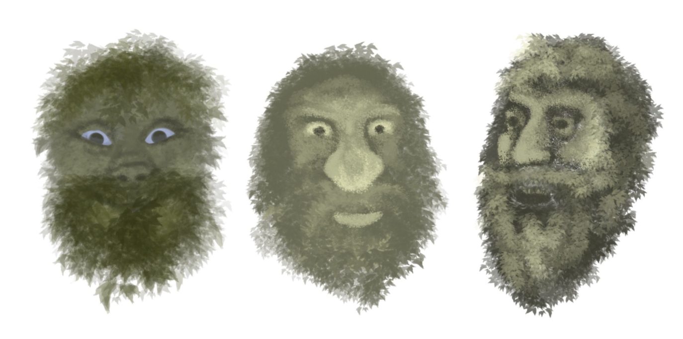 Three whimsical, abstract faces with varying expressions and textures in muted colours.