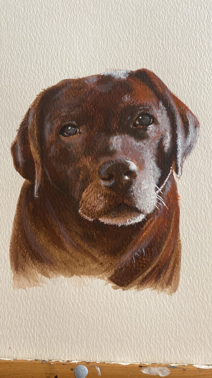 Close-up of a realistic painting of a brown dog with a calm expression.