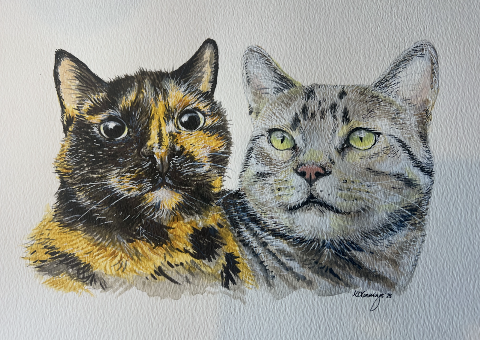 A tortoiseshell cat and a tabby cat are depicted closely together in a detailed illustration.