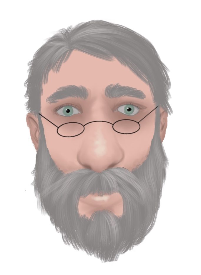 Cartoon-style face of an elderly man with glasses, grey beard, and light blue eyes.