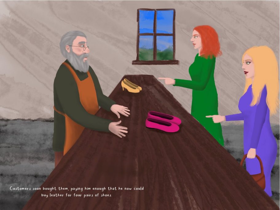 Two women in vibrant dresses speak to an elderly man at a wooden table with objects.