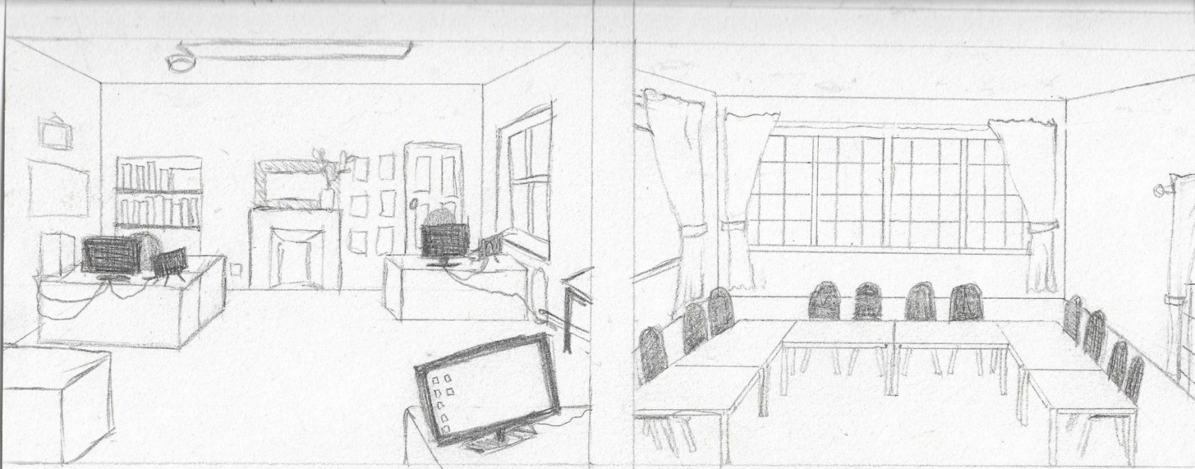 A sketch of two classroom layouts, one with desks and computers, the other with a meeting table.