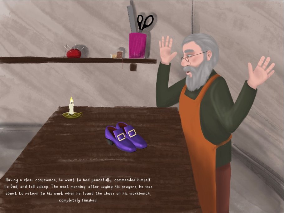 An elderly shoemaker in an apron examines a pair of purple shoes on his workshop table.