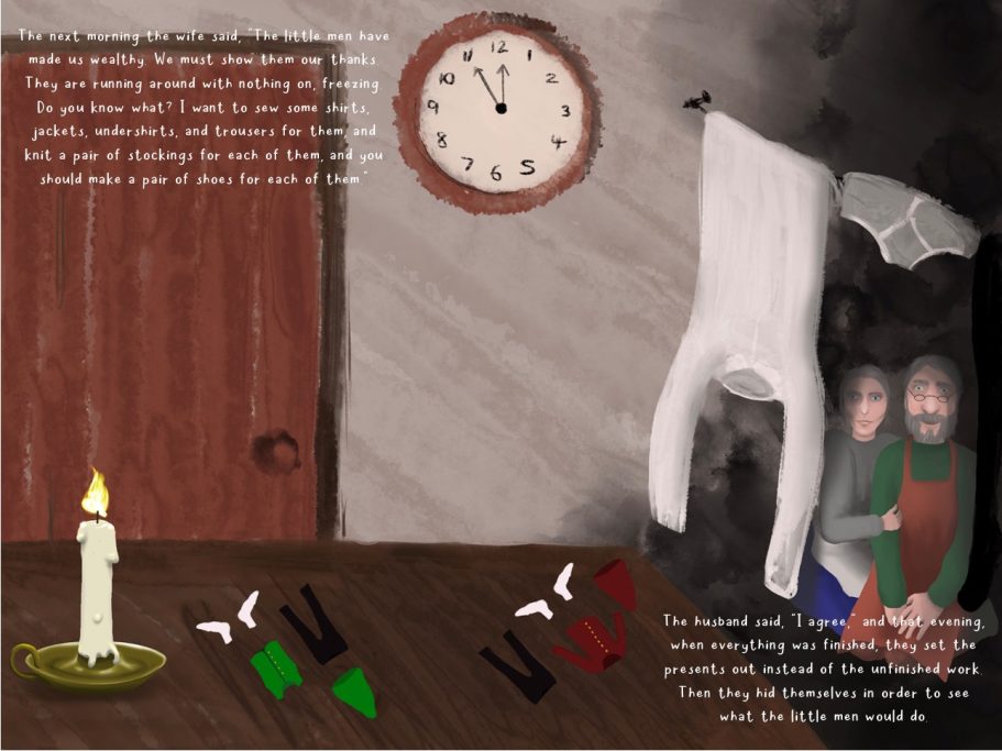 A dark room with a clock, candle, and two shadowy figures near a door.