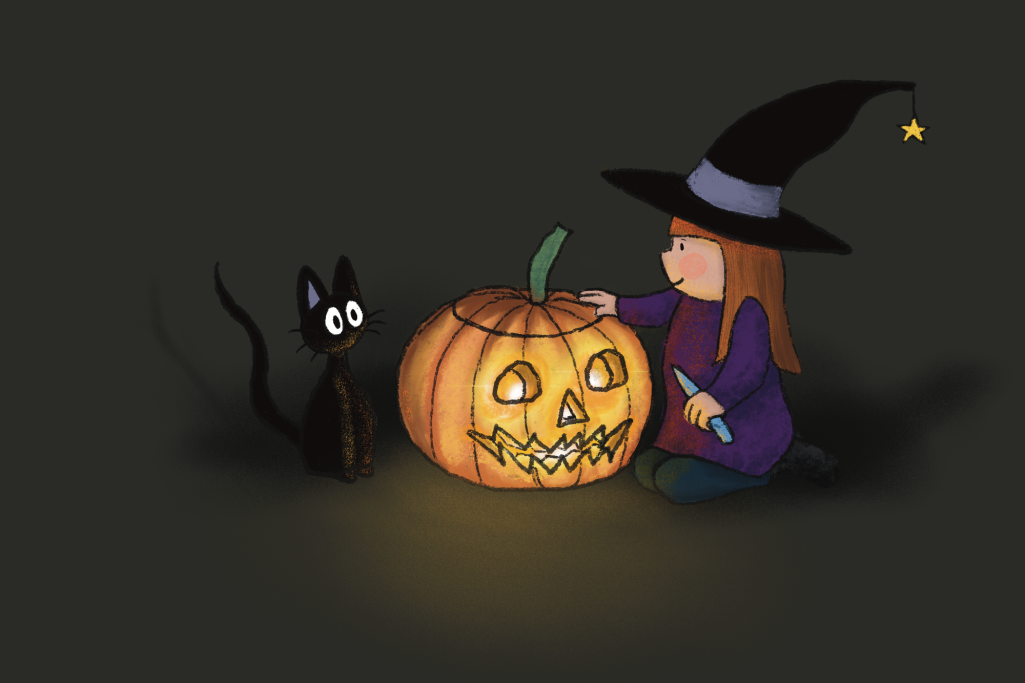 picture book illustration of a little witch and her cat carving a pumpkin
