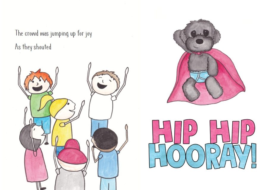 Children cheering with a superhero dog in a cape, celebrating joyfully.