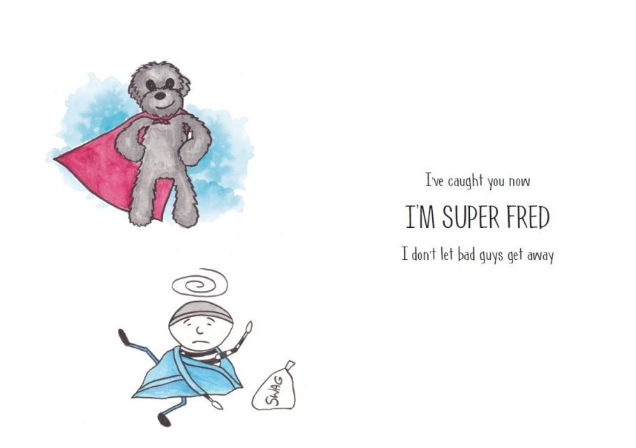 A dog in a cape hovers over the robber, triumphant that he has been caught 