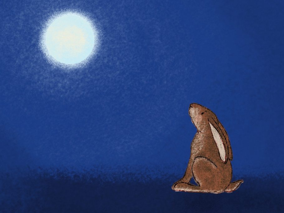 A brown rabbit sitting in a moonlit landscape under a blue night sky.