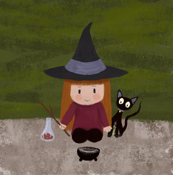 A little girl witch crouched on her knees, making spells with her cat in the background looking on