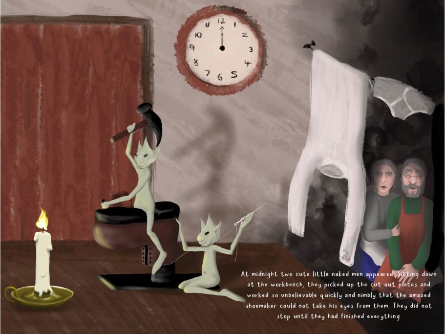 Two small green creatures engage in mischievous activities in a dimly lit room.