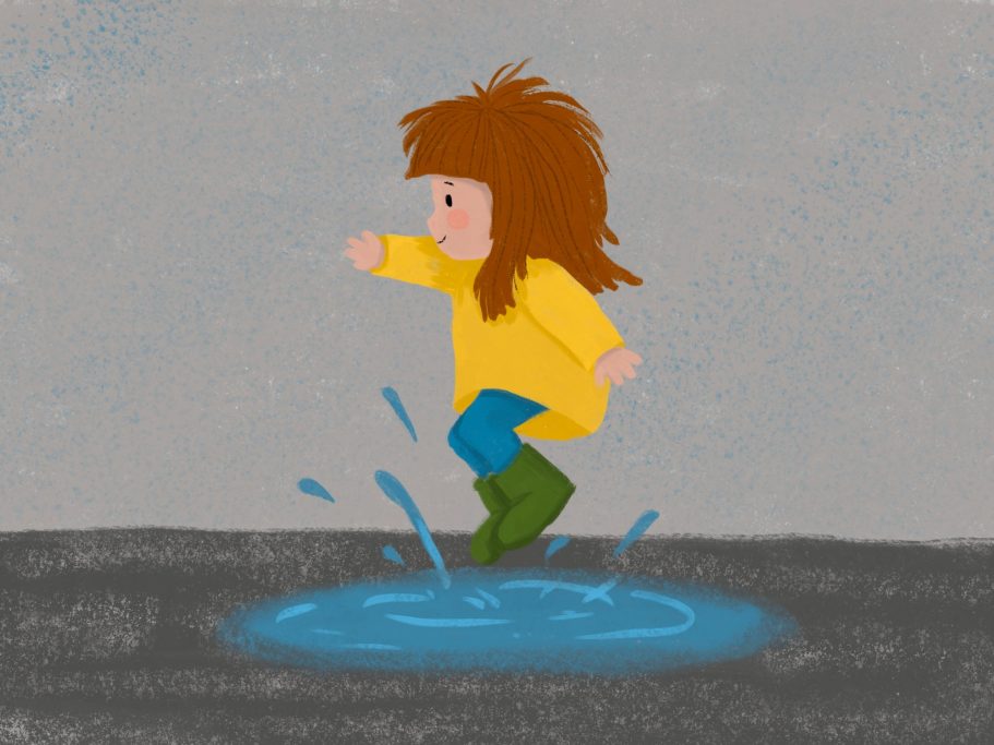 Little girl picture book illustration of her jumping in a puddle