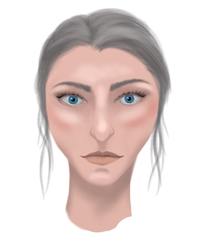 Portrait of a woman with grey hair and blue eyes, displaying a neutral expression.