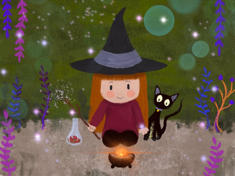 picture book illustration of a little witch and her cat making potions