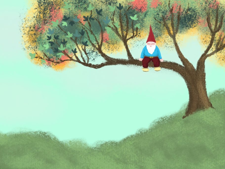 A gnome sitting on a tree branch with colourful leaves against a pastel background.