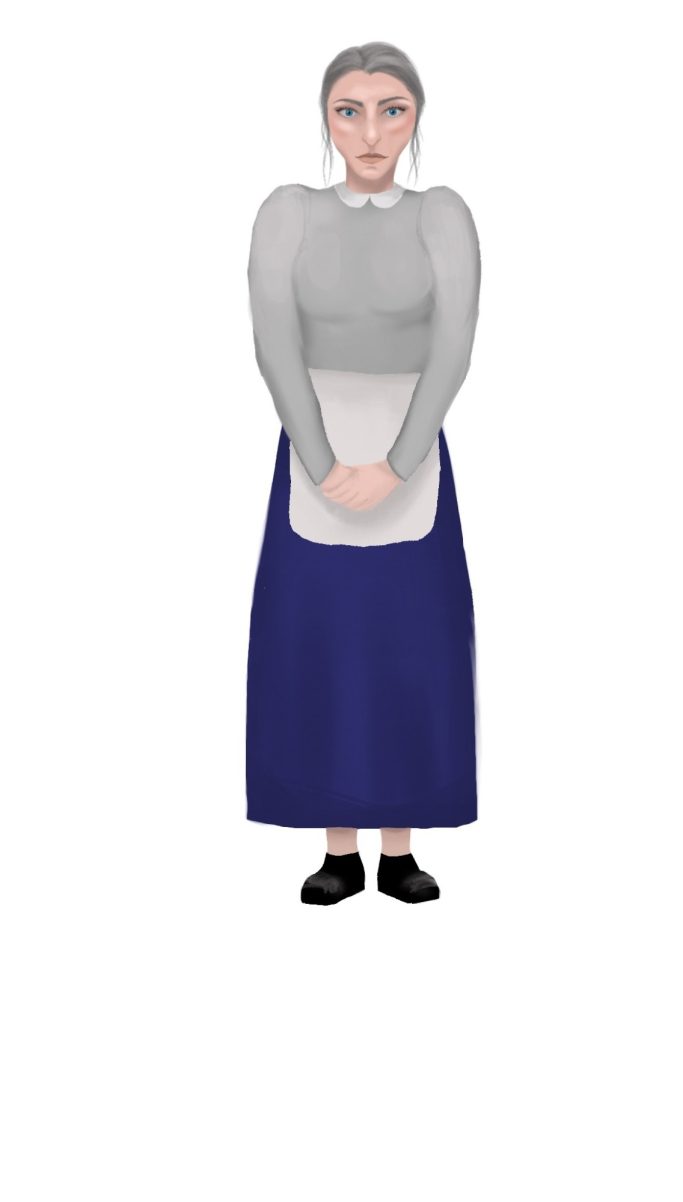 A woman in period dress with a grey top and blue skirt, standing with hands clasped.