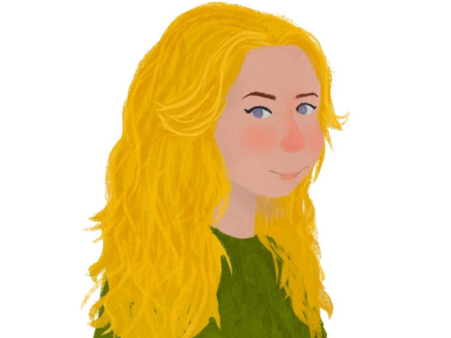 Portrait of a woman with wavy blonde hair and blue eyes, wearing a green top.
