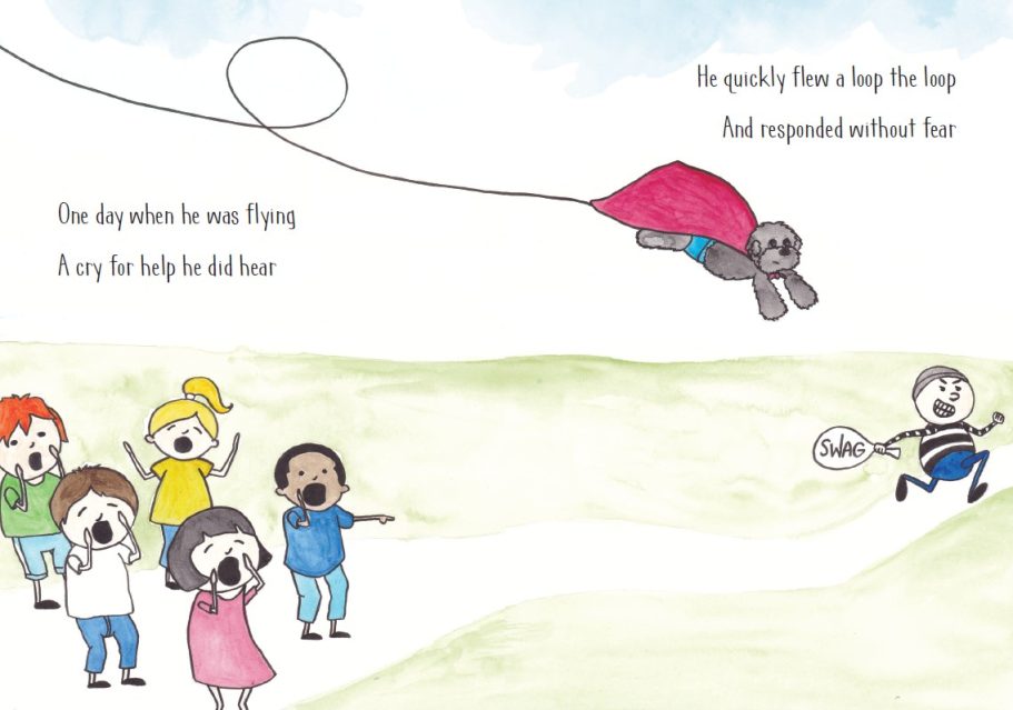 A child joyfully flies a kite shaped like a superhero in a vibrant outdoor scene.