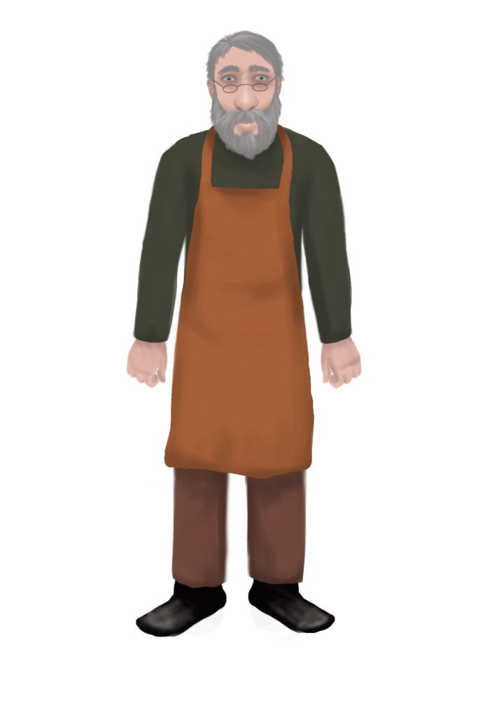 An elderly man with a beard wearing a brown apron and dark clothing.