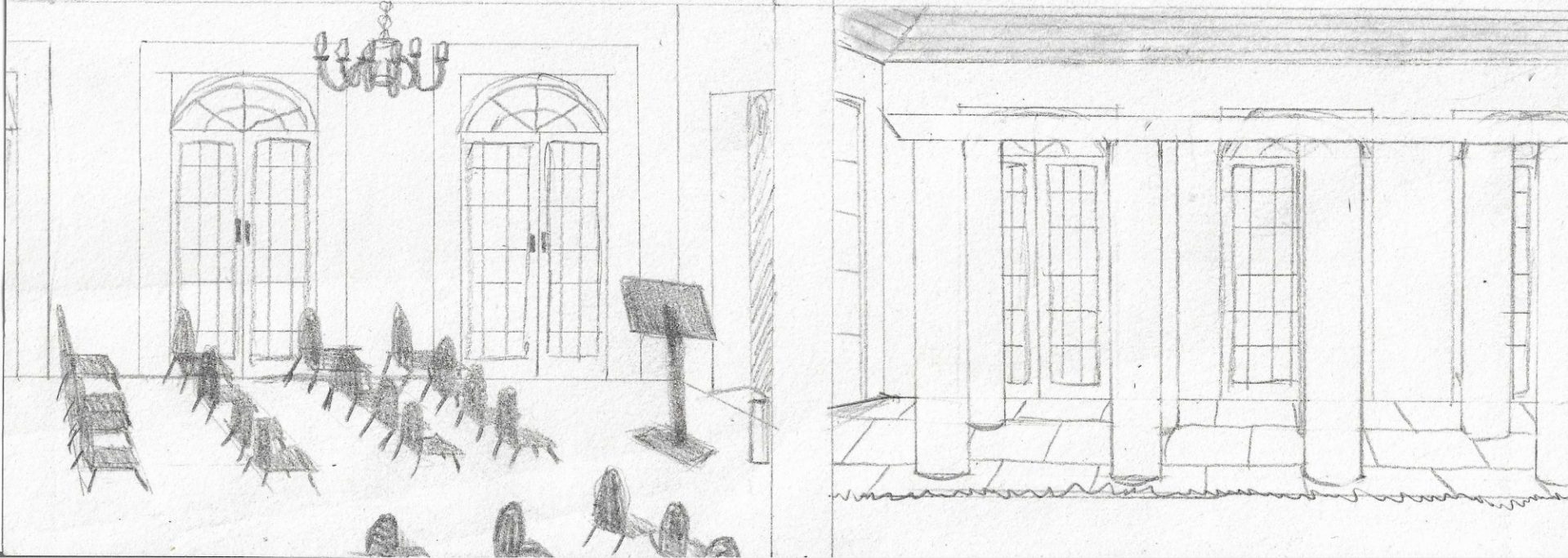 Sketch of an indoor space with chairs, a podium, and classical columns.