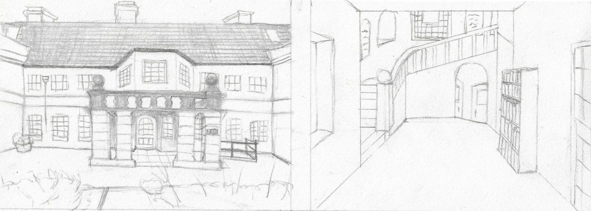 Sketch of a building exterior with an entrance and an interior staircase.