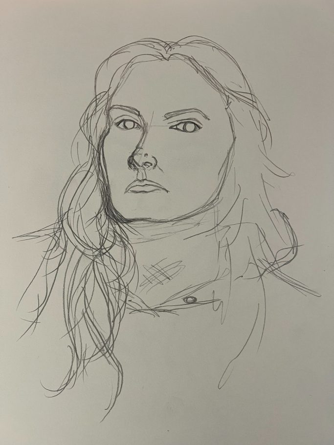 Sketch of a confident woman with long hair, looking directly ahead.