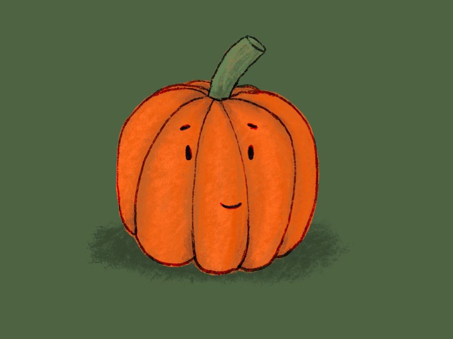 A smiling cartoon pumpkin on a green background.