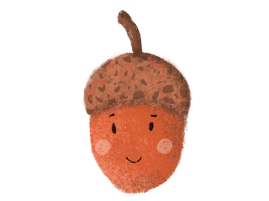 A cute, smiling acorn character with rosy cheeks and a brown cap.