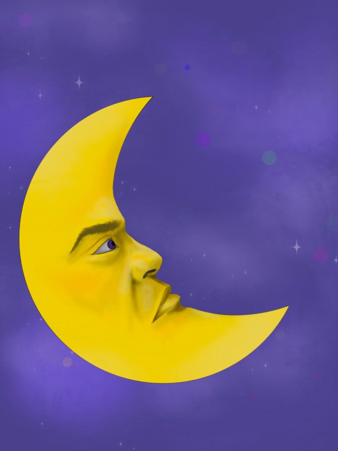 A stylised crescent moon with a human face against a purple background.