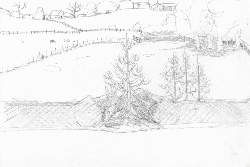 A pencil sketch of a serene landscape with trees, hills, and a distant farmhouse.