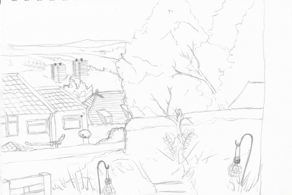 A sketch of a landscape with houses and trees in the foreground and distant hills.