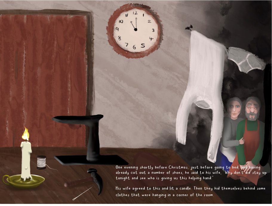 A candlelit room with two figures behind a white sheet, a clock and a hammer visible.