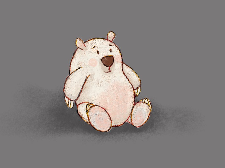 A cute, sitting cartoon bear with a happy expression on a grey background.