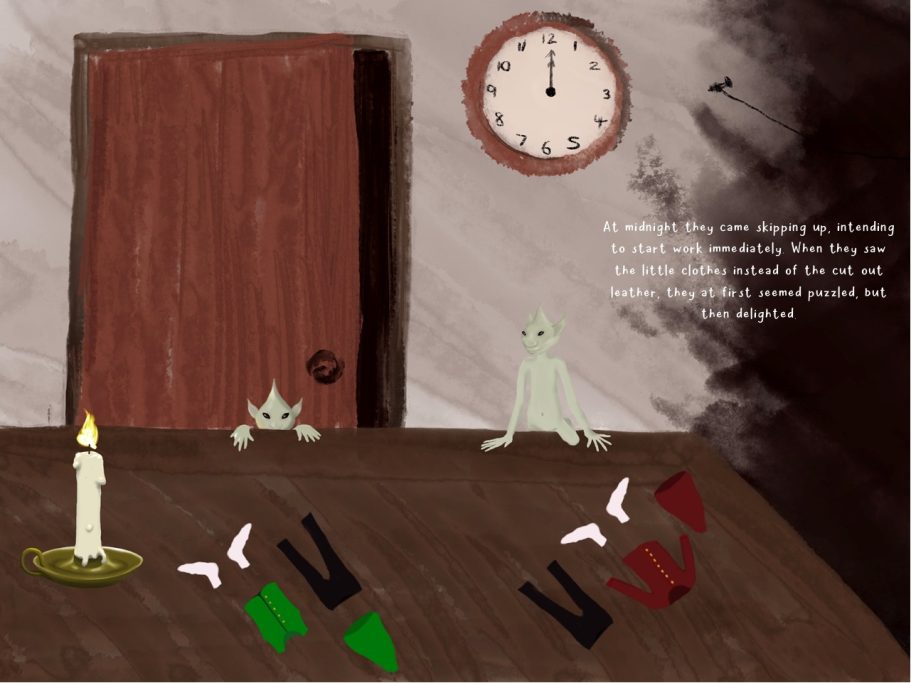 A dimly lit room with a clock, a candle, and scattered green, red, and white objects.