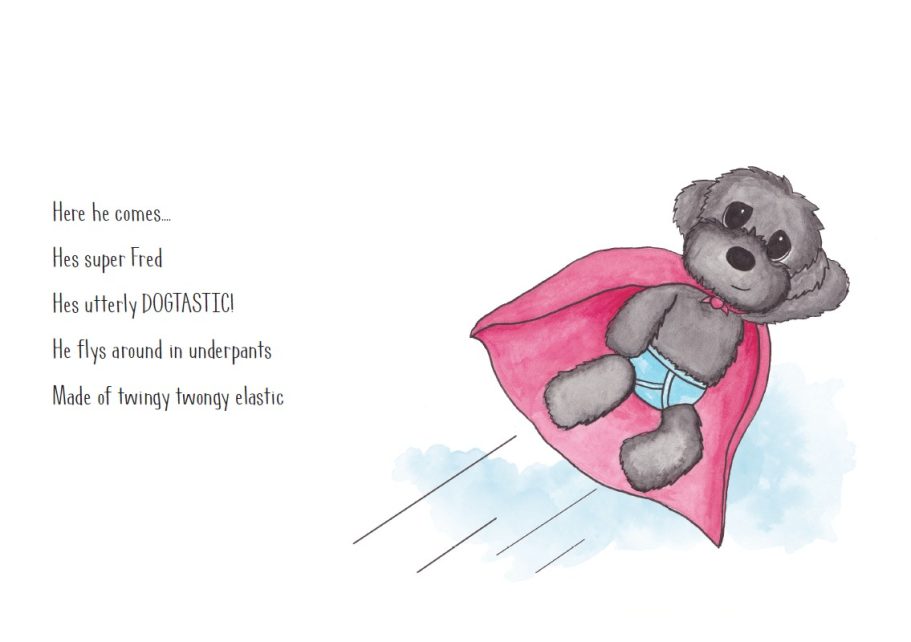 A dog in a cape flies through the air, wearing blue underwear.